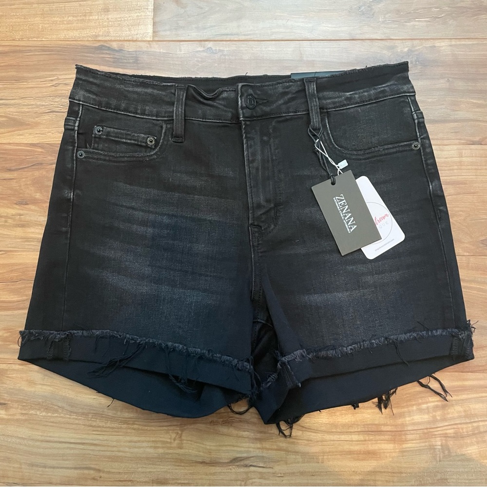 Zenana Black Raw Hem Denim Shorts